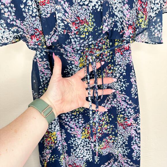 ModCloth Fiore Your Entertainment Flora Navy Blue Floral Cold Shoulder Dress Lg - Picture 7 of 16